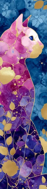 Cat bookmarks featuring a gold climbing plant next to pink and pruple cat